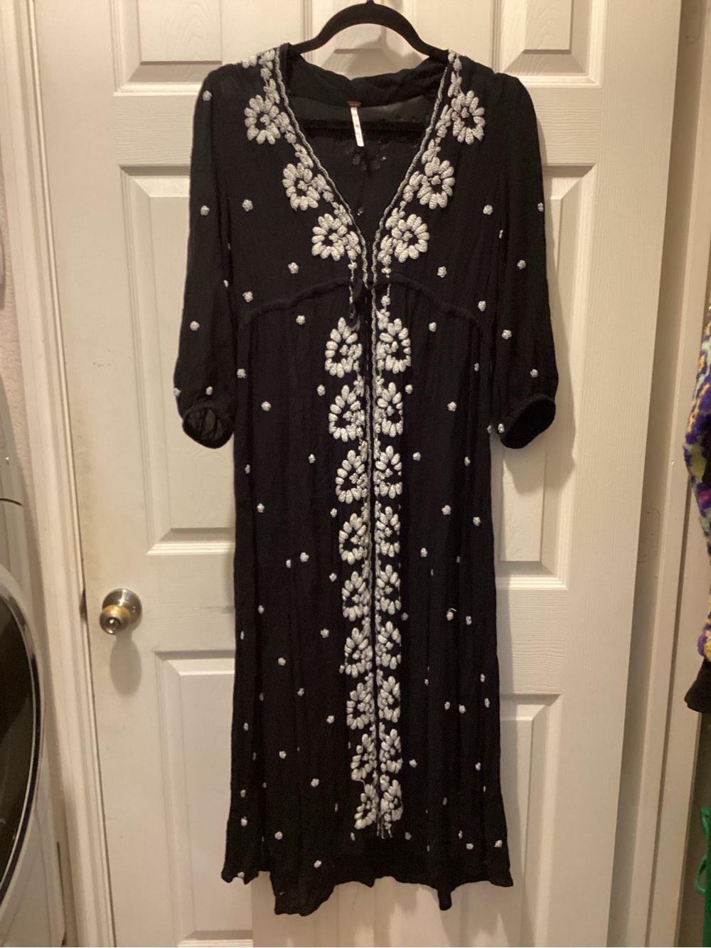 Free People Black Maxi Dress with White Floral Embroidery